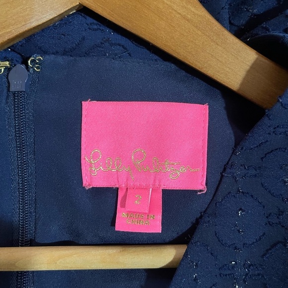 Lilly Pulitzer Kathie dress navy blue metallic ruffle sleeves v-neck Size 2 - Picture 4 of 5